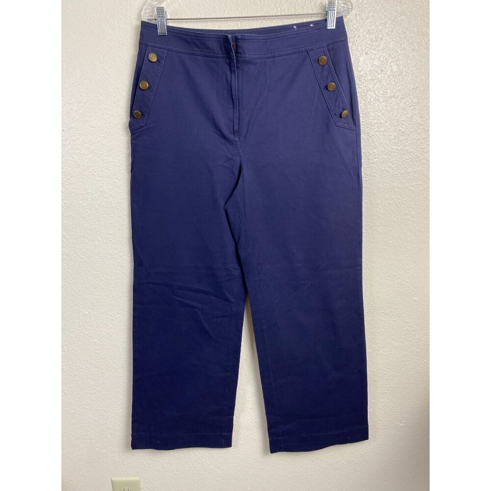 Talbots 💜 Womens Wide Leg Pants Buttons Blue Size 10 Sailor Nautical Cotton Blen